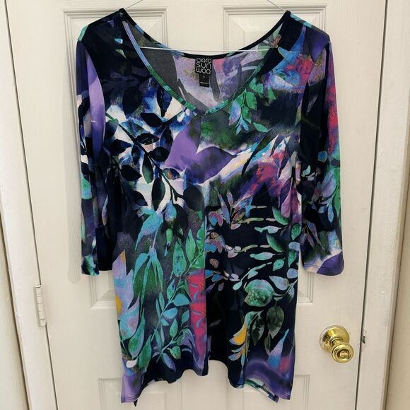 Clara Sun Woo Multicolor Floral Print Tunic Size Small Flowy V Neck Artsy - Picture 1 of 6